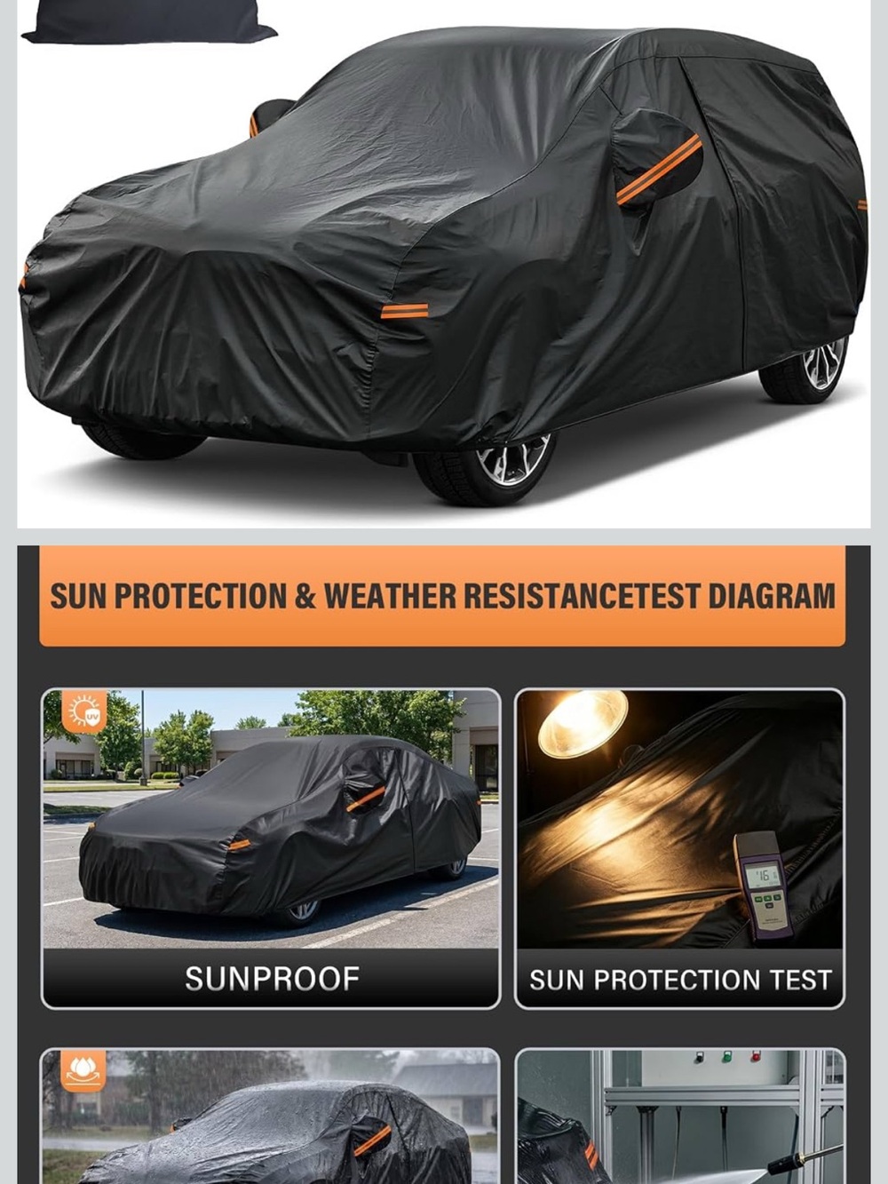 All-Weather Black Car Cover with Orange Accents - Protective Vehicle Shield